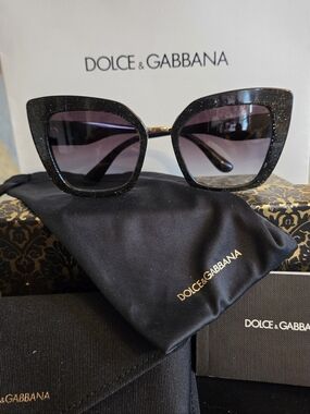 Dolce & Gabbana Black Glitter Cat-Eye Sunglasses with Purple Gradient Lenses